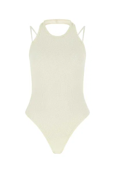 Andreädamo Viscose Blend Halterneck Bodysuit With Mesh Fabric In Neutral