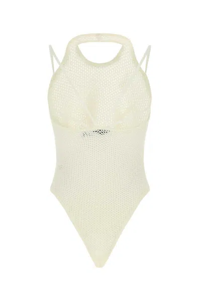 Andreädamo Viscose Blend Halterneck Bodysuit With Mesh Fabric In Neutral