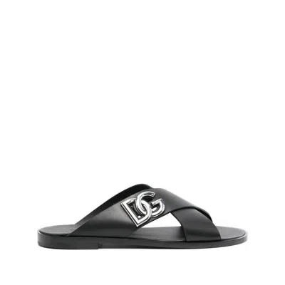 Dolce & Gabbana Black Sandals With Criss Cross Bands And Logo Detail In Leather Man