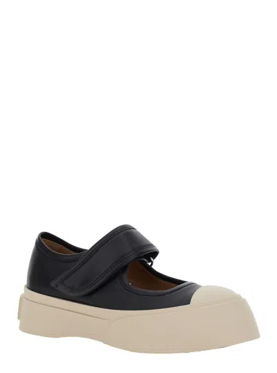 Shop Marni 'mary Jane' Black Sneaker With Hook And Loop Closure And Logo On The Back In Leather Woman
