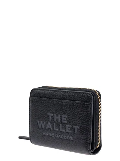 Marc Jacobs 'the Mini' Black Wallet With Engraved Logo On The Front In Hammered Leather Woman