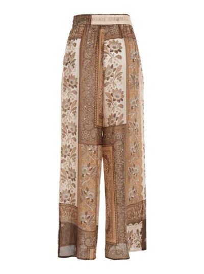 Zimmermann Lucky Brown Pants With Elastic Drawstring Waist And All-over Floral Print In Silk Woman
