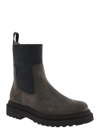Brunello Cucinelli Brown Ankle Boots With Pull-tab With Monil At The Heel In Suede Woman
