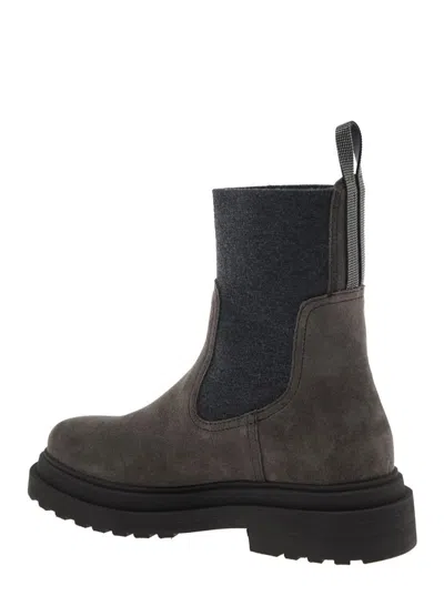 Brunello Cucinelli Brown Ankle Boots With Pull-tab With Monil At The Heel In Suede Woman