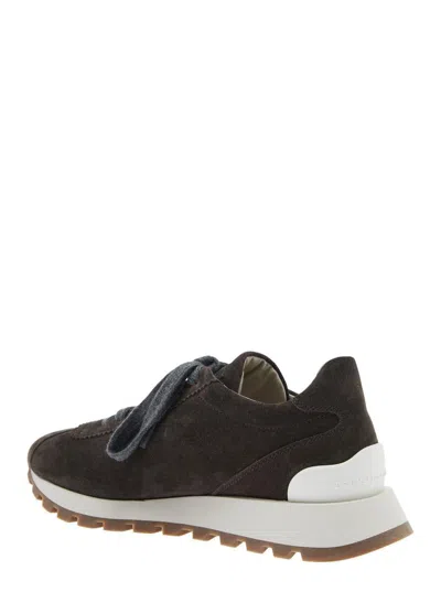 Brunello Cucinelli Brown Low Top Sneakers With Monil Detail On The Side And Embossed Logo Lettering On The Rear In Leat