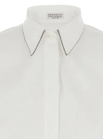 Brunello Cucinelli White Shirt With Pointed Collar And Monil Detail On The Collar In Cotton Blend Woman