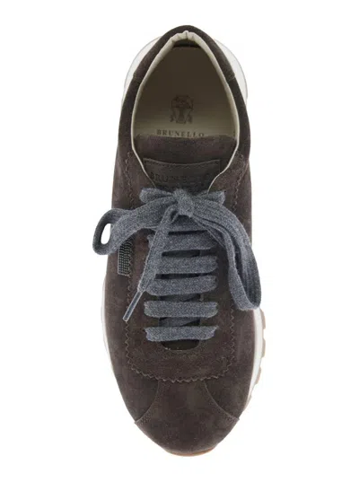 Brunello Cucinelli Brown Low Top Sneakers With Monil Detail On The Side And Embossed Logo Lettering On The Rear In Leat