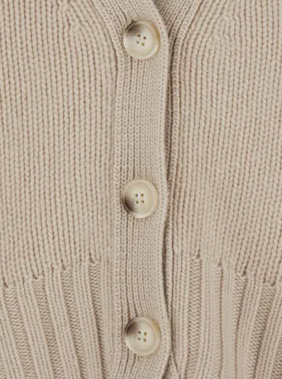 Soft Goat Beige Cardigan With V Neck And Ribbed Trims In Cashmere Woman