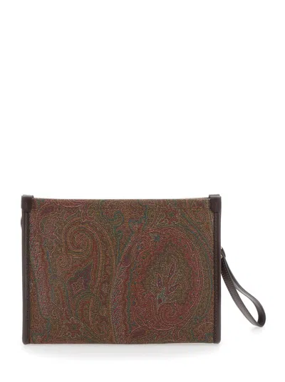 Etro 'arnica' Brown Clutch With Embroidered Logo On The Front And All-over Motif In Cotton Blend Woman