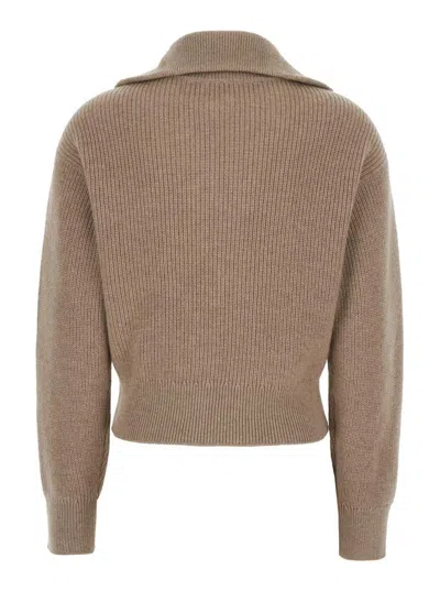 Brunello Cucinelli Beige Cardigan With Spread Collar And Monil Detail On The Front In Cashmere Woman