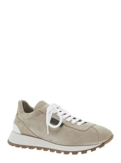 Brunello Cucinelli Beige Low Top Sneakers With Monil Detail On The Side And Embossed Logo Lettering On The Rear In Leat