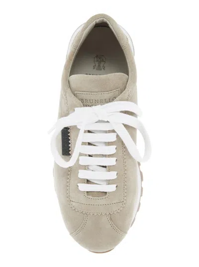 Brunello Cucinelli Beige Low Top Sneakers With Monil Detail On The Side And Embossed Logo Lettering On The Rear In Leat
