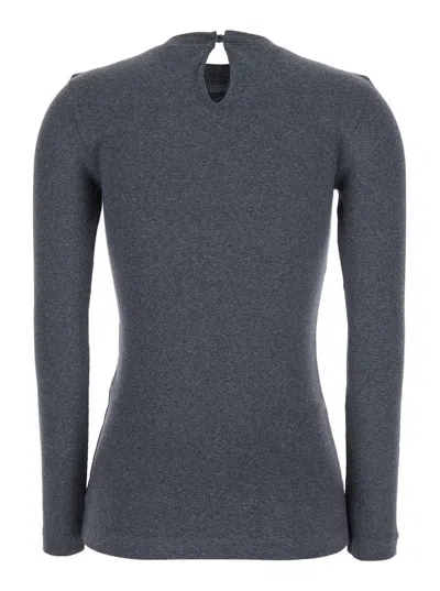 Brunello Cucinelli Grey Crewneck T-shirt With Monil Detail On The Collar And Rear Cut-out In Cotton Stretch Woman