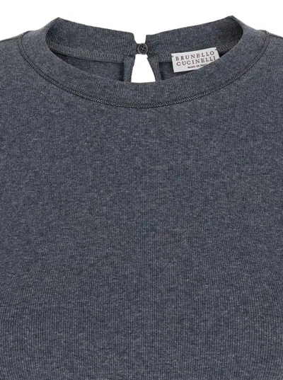 Brunello Cucinelli Grey Crewneck T-shirt With Monil Detail On The Collar And Rear Cut-out In Cotton Stretch Woman