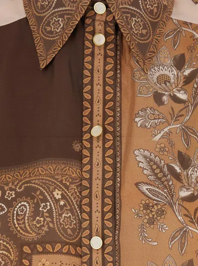 Zimmermann Lucky Brown Shirt With Classic Collar And All-over Floral Print In Silk Woman