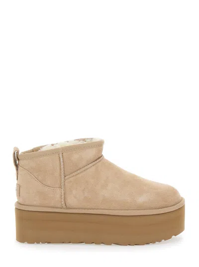 Shop Ugg 'classic Ultramini' Beige Ankle Boots With Platform In Suede Woman