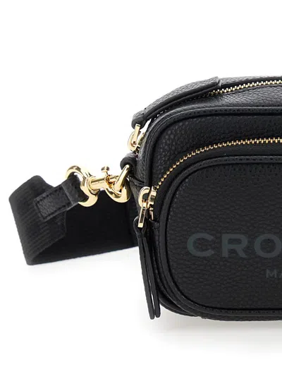 Marc Jacobs 'the Crossbody' Black Shoulder Bag With Logo Embossed On The Front In Hammered Leather Woman