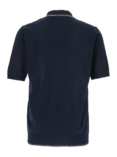 Eleventy Blue Sweater With Classic Collar And Fringed Hem In Fabric Man