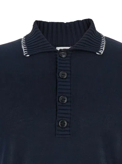 Eleventy Blue Sweater With Classic Collar And Fringed Hem In Fabric Man