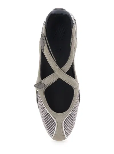 Attico Nomad Grey Ballet Shoes With Criss-crossed Straps And Mesh Panels In Tech Fabric And Suede Woman