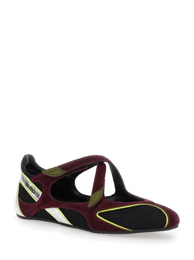 Attico Nomad Bordeaux Ballet Shoes With Criss-crossed Straps And Mesh Panels In Tech Fabric And Suede Woman In Black
