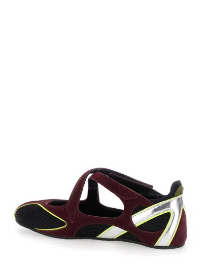 Attico Nomad Bordeaux Ballet Shoes With Criss-crossed Straps And Mesh Panels In Tech Fabric And Suede Woman In Black