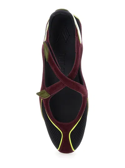 Attico Nomad Bordeaux Ballet Shoes With Criss-crossed Straps And Mesh Panels In Tech Fabric And Suede Woman In Black