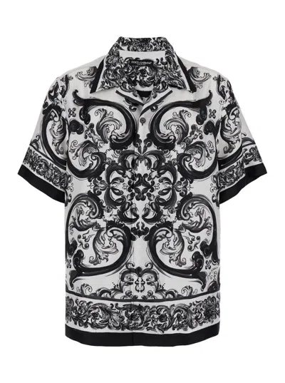 Dolce & Gabbana Maiolica Black And White Bowling Shirt With Cuban Collar And All-over Print In Silk Man In Black