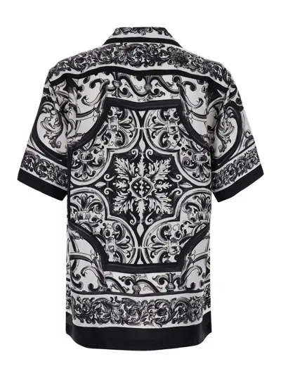 Dolce & Gabbana Maiolica Black And White Bowling Shirt With Cuban Collar And All-over Print In Silk Man In Black