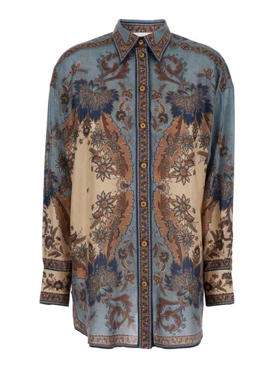 Zimmermann Womens Blue Cream Indienne Ascension Manstyle Graphic-pattern Silk Shirt