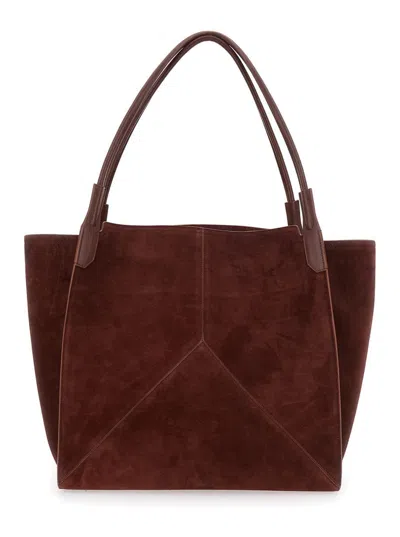 Victoria Beckham 'victoria' Brown Shoulder Bag With Embossed Logo Lettering On The Front And Two Top Handles In Leath