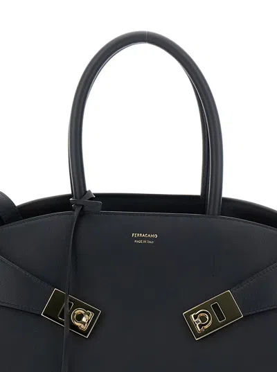 Ferragamo Hug S Black Handbag With Logo And Gancini Buckle In Leather Woman