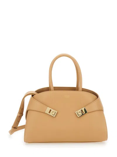 Ferragamo Hug Small Beige Handbag With Logo And Gancini Buckle In Leather Woman