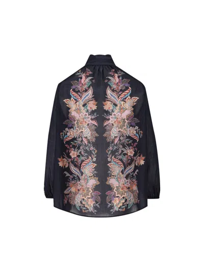 Zimmermann Rhiannon Billow Blue Blouse With High Neck And All-over Paisley Print In Ramie Woman In Blue