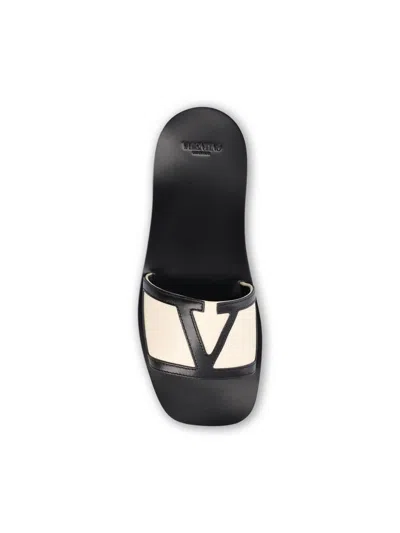 Valentino Butter White And Black Synthetic Slides With Wide Strap
