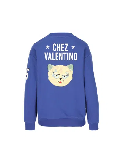 Valentino Blue Sweatshirt With V And Le Chat De La Maison Embroidery
