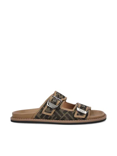 Fendi Canvas Feel Slippers With Adjustable Straps And Ff Motif Embroidery