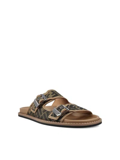 Fendi Canvas Feel Slippers With Adjustable Straps And Ff Motif Embroidery