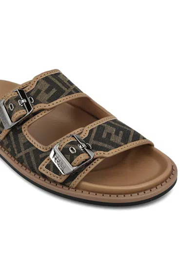 Fendi Canvas Feel Slippers With Adjustable Straps And Ff Motif Embroidery