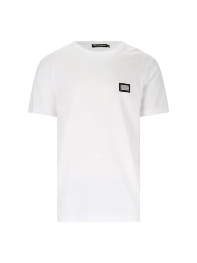 Dolce & Gabbana White Crewneck T-shirt With Logo Plate In Cotton Man In White