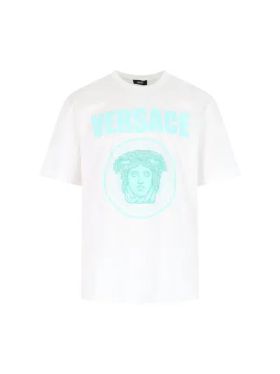 Versace White Crewneck T-shirt With Maxi Logo Print On The Front In Cotton Man