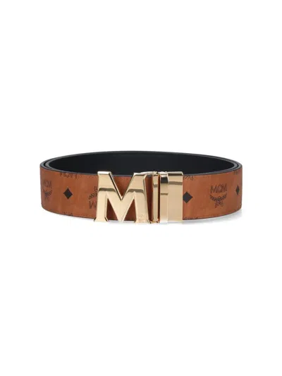Mcm Adjustable Signature Print Reversible Gold-tone Hardware Belts