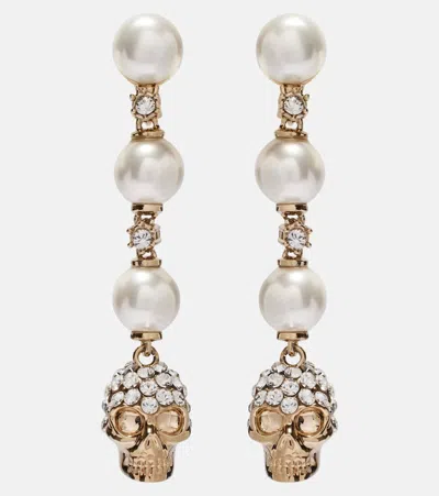 Alexander Mcqueen Skull And Pearl Earrings In Pale Gold Accessories
