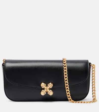 Alexander Mcqueen Black Leather Skull Flower Small Shoulder Bag In Animal Print
