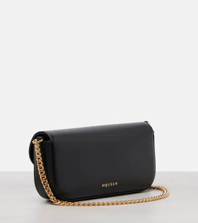 Alexander Mcqueen Black Leather Skull Flower Small Shoulder Bag In Animal Print