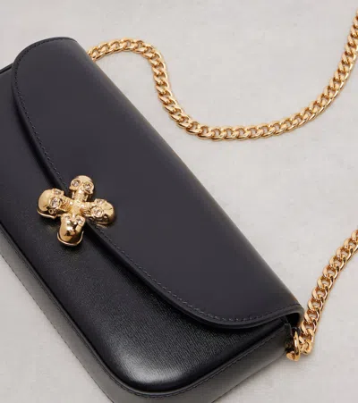 Alexander Mcqueen Black Leather Skull Flower Small Shoulder Bag In Animal Print