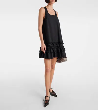 Ganni Ruffle Sleeveless Square Neck Mini Dress In Black