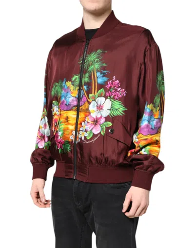 Dolce & Gabbana Maroon Floral Print Full Zip Bomber Jacket In Burgundy
