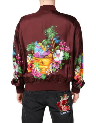 Dolce & Gabbana Maroon Floral Print Full Zip Bomber Jacket In Burgundy