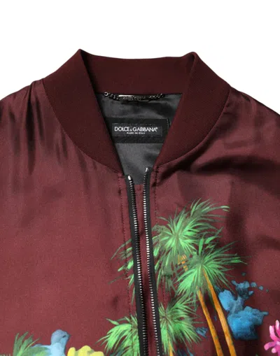 Dolce & Gabbana Maroon Floral Print Full Zip Bomber Jacket In Burgundy